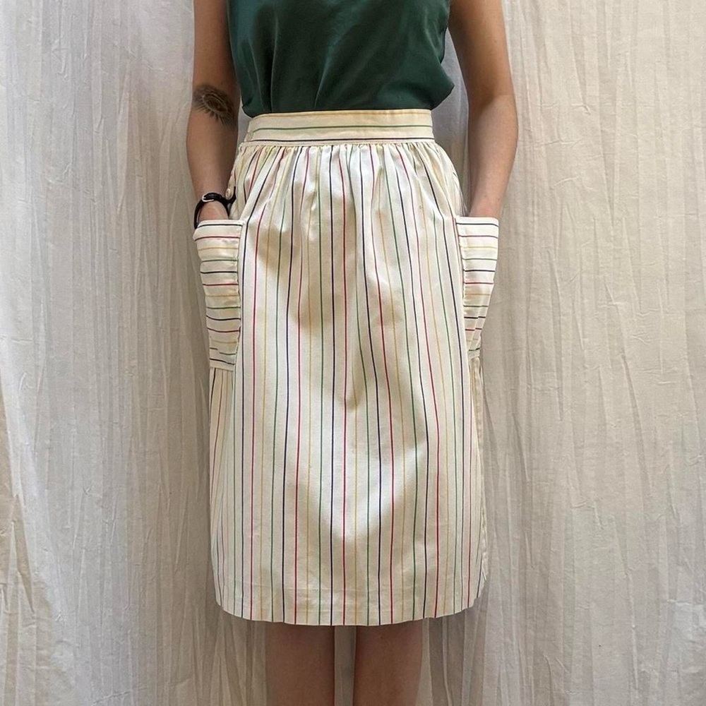 White Midi Skirt with Multicolor Stripes Vintage 70s Side Pockets